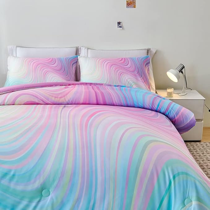 Comforter Set for Girls,Rainbow Comforter Set Full,Pink Comforter Set,Tie Dye Bedding,Kids Bedding Set for Girls,Teen Girl Comforter Set,Blue Pink Comforter for Kids