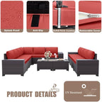 Patio Furniture Set Sofa 12-Pieces Wicker Sectional Sofa Set, Outdoor Furniture Rattan Patio Conversation Set with Thickened Cushions and Glass Coffee Tables, Red