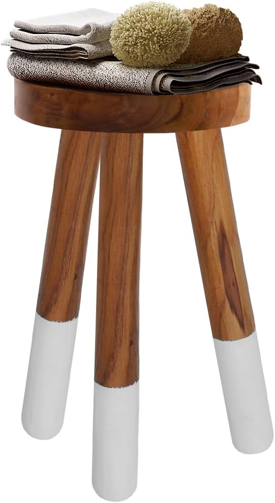 Teak Wood 9" Round Plant Stand |Dip Dyed Plant Stand |Accent Stool |Milking Stool |Bath Stool |Small Side Table (16" Tall White)