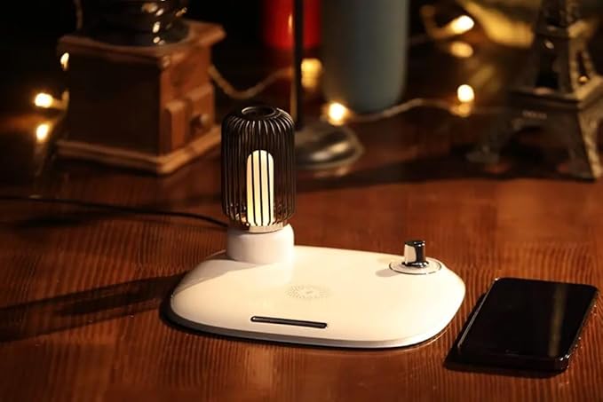 Bedside Desk Table Lamp LED with Wireless Charger Night Sleep Light Mode Dimmable Control Rotary Switch Rustic Simple Rotary Switch Metal Lamps cage QI Fast Charging Pad (White)