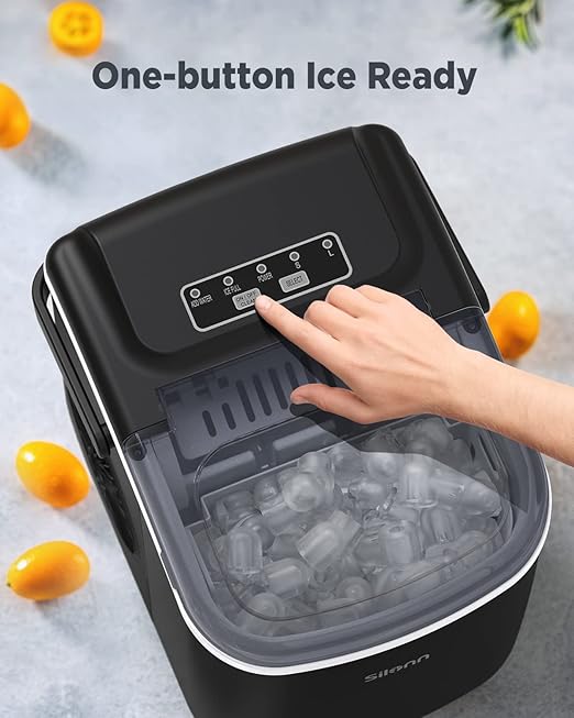 Silonn Ice Makers Countertop, 26Lbs/24H, Self-Cleaning Ice Machine, 9 Cubes Ready in 6 Mins, 2 Sizes of Bullet Ice, Ice Makers for Home Kitchen Office Bar Party, Black