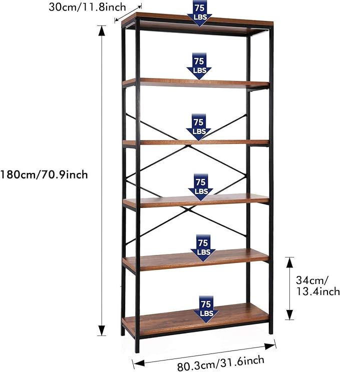 Himimi 6 Tier Industrial Bookshelf, Vintage Standing Storage Shelf, Display Shelving Units, Tall Bookcase, Industrial Metal Book Shelves for Living Room Bedroom and Home Office
