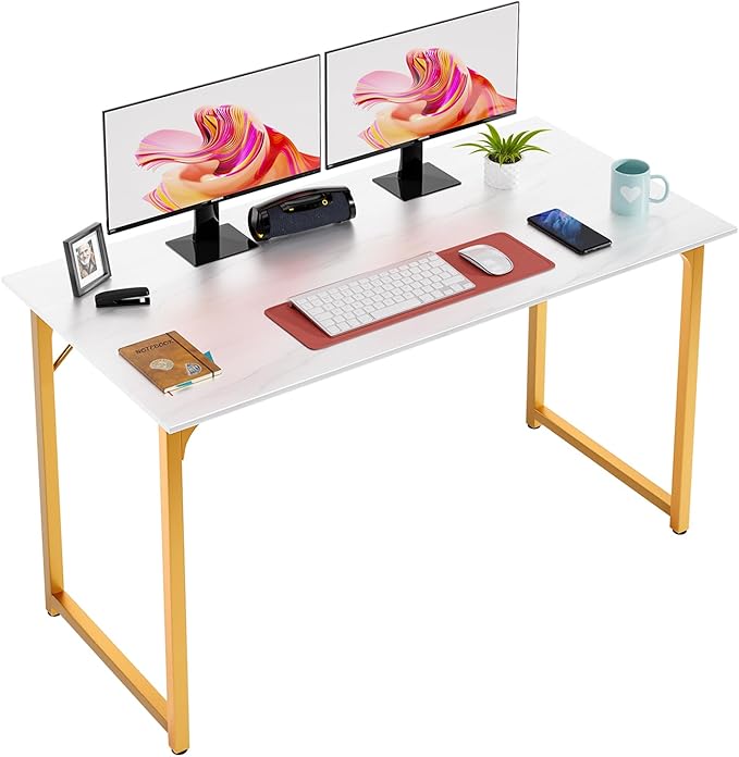 PayLessHere | 47 Inch Computer Desk | White Gold | Office Desk with Metal Frame, Adjustable Feet | Water-Resistant, Scratchproof Surface | Sturdy Writing Table for Home Office or Study | Pack of 1