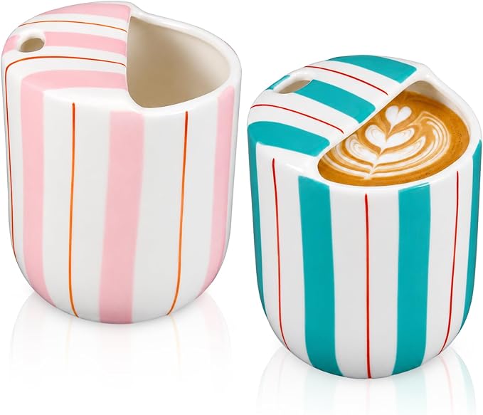 2 Pcs Ceramic Mug with Sip Hole 10 oz Pink Turquoise Striped Ceramic Coffee Mug Hand Painted Travel Mugs Heat Resistant Non Slip Built in One Lid Mugs for Coffee Lovers Appreciation Gift