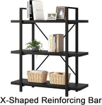 HSH 3 Tier Black Bookshelf, Industrial Small Metal Wooden Storage Book Shelves, Modern Open Low 3 Shelf Bookcase and Display Etagere, Vertical Book Shelf for Bedroom Living Room Office, Black Oak