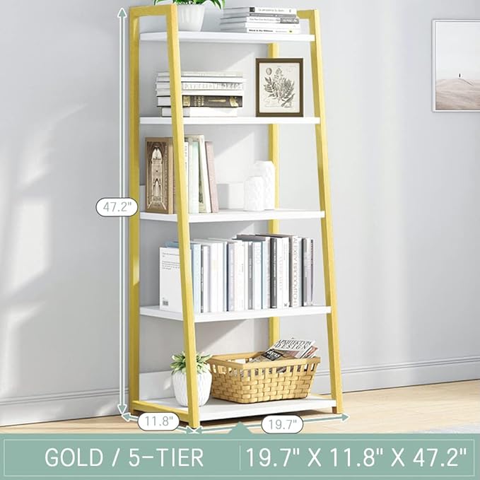 IOTXY 5 Tier Open Bookshelf - Steel and Wood Display Stand, 50CM Width Floor-Standing Bookcase, Gold