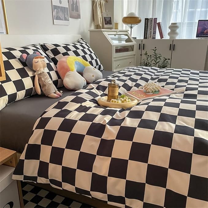 Wellboo Black White Plaid Comforter Sets Queen Women Men Black and White Checkerboard Grid Bedding Comforters Cotton Boys Girls Modern Black Checkered Geometric Quilts Luxury Abstract White Bedding