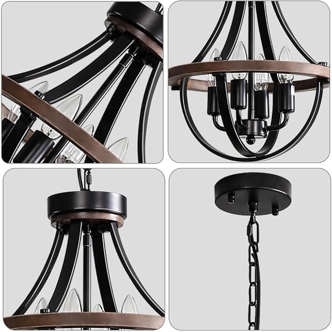 Chandeliers，Farmhouse Ceiling Chandelier Wood Black Modern Rustic Hanging Pendant Light Fixture with Chain for Dining Room Living Room Entryway Kitchen Island Bedroom Foyer Lighting（4-Light）