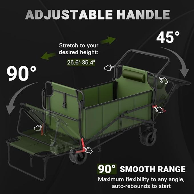 LEVELEVE Heavy Duty Folding Wagon - 2-in-1 Collapsible Cart, 650lb Capacity, All-Terrain Wheels w/Brakes & Side Pockets (Army Green)