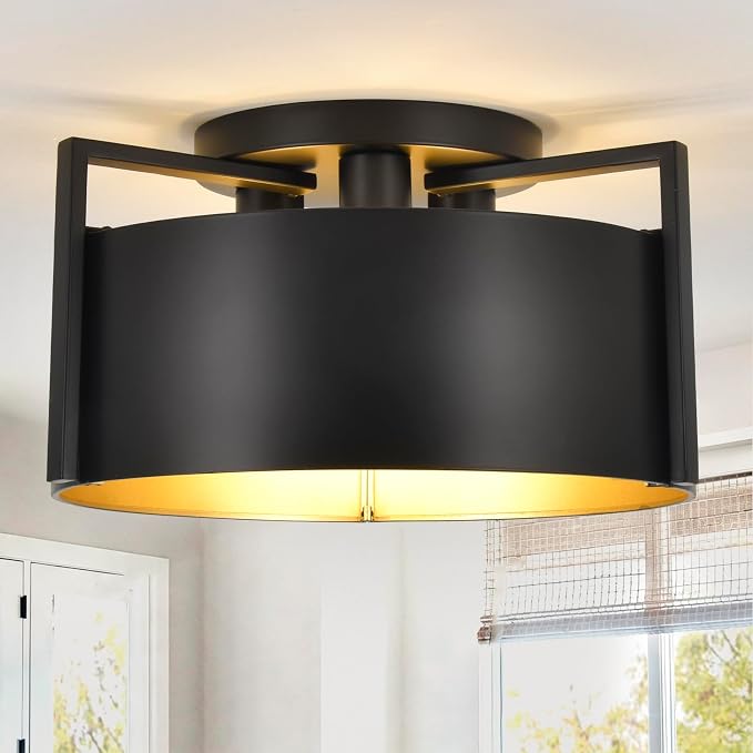 Black Semi Flush Mount Ceiling Light, 15'' Modern Farmhouse Hallway Entryway Light Fixtures Ceiling Mount, 3-Light Rustic Foyer Lighting Fixtures Ceiling lights for Kitchen Island Bedroom Dining Room