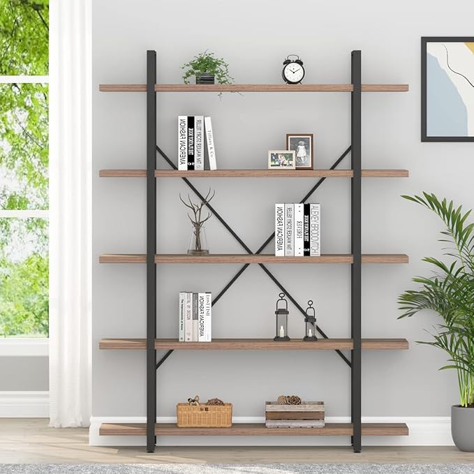 HSH Industrial Wood and Metal 5 Tier Bookshelf, Large Tall Open Rustic Wide Etagere Bookcase, Vintage Farmhouse Modern Wooden Big Book Shelf for Home Living Room Bedroom Office Storage, Rustic Oak