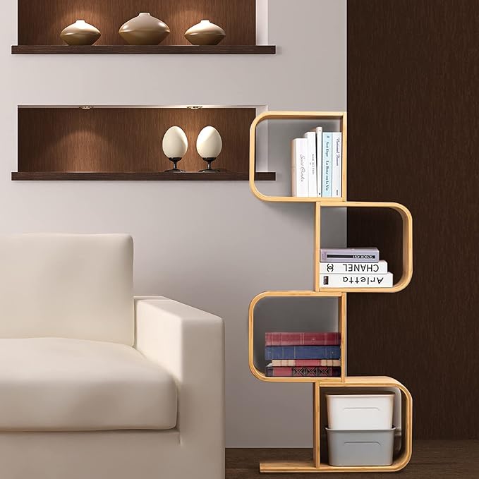 4-Tier S-Shaped Geometric Modern Bamboo Bookshelf, Large Capacity Creative Display Curved Rack Free-standing Bedside Table 2 in 1 Bookcase Storage CDs, DVDs Book Shelf for Home, Office, Living Room