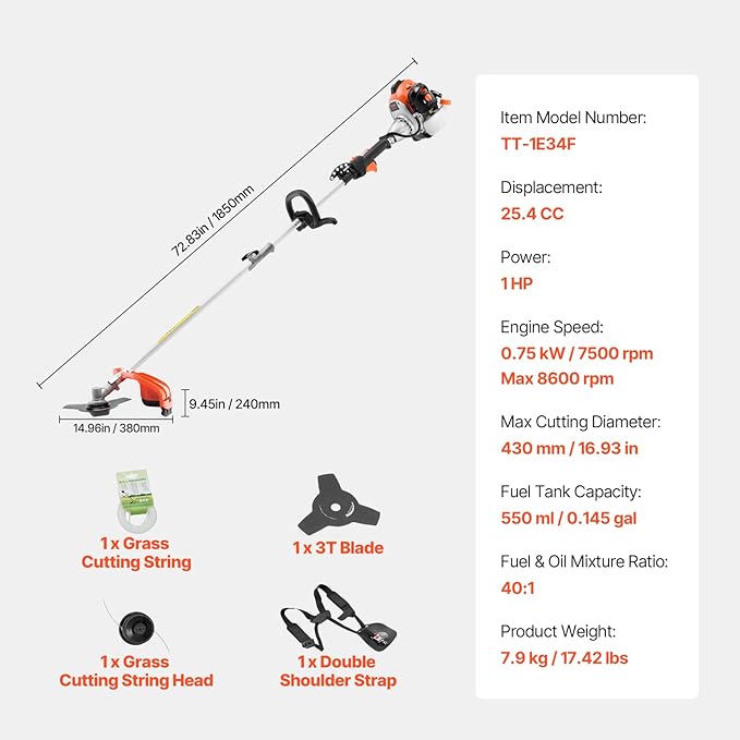 VEVOR String Trimmer, 25.2CC 2-Stroke, Gas Powered Weed Wacker, 16.9" Cordless Grass Trimmer, Multi-Functional Lawn Edger with Shoulder Strap & 3T Blade, Weed Eater for Quick Grass Cleaning