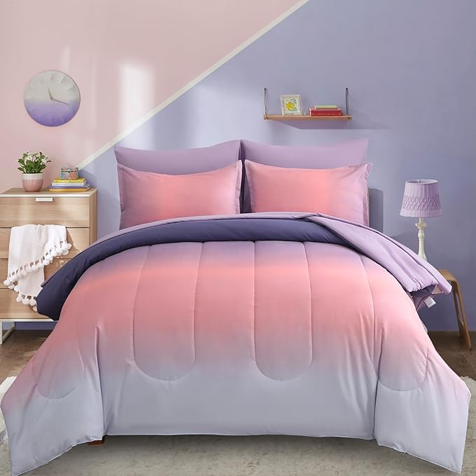 6 Pieces Comforter Set Twin Size for Girls - Gradient Pink and Purple All Season Teens Comforter Bedding Set, Ultra-Soft Fluffy Down Alternative Microfiber Bed in a Bag for Kids