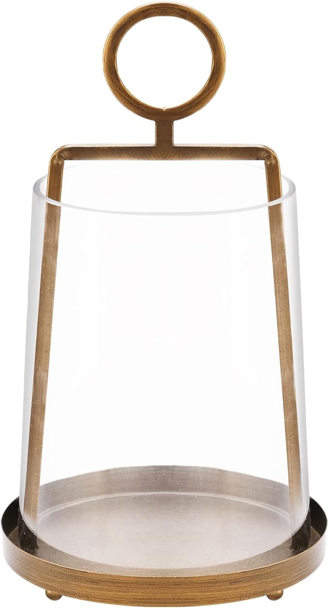 9" Wide Modern Farmhouse Metal Hurricane Candle Holder with Handmade Sturdy Glass Sleeve in Antique Brass for Pillar Candle & Plants, Hurricane Lantern, Industrial, Minimalistic (1, Brass, 9"x14")