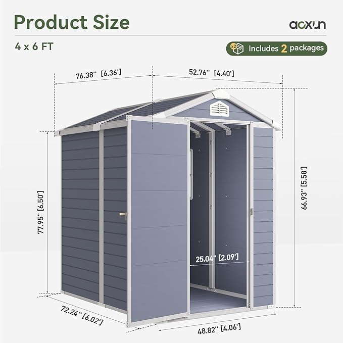 Aoxun 4 x 6 FT Outdoor Storage Shed with Window, Resin Shed with Floor & Lockable Doors, Small Garden Shed Waterproof Plastic Tool Shed with Sloped Roof for Backyard, Garden, Patio, Lawn, Grey