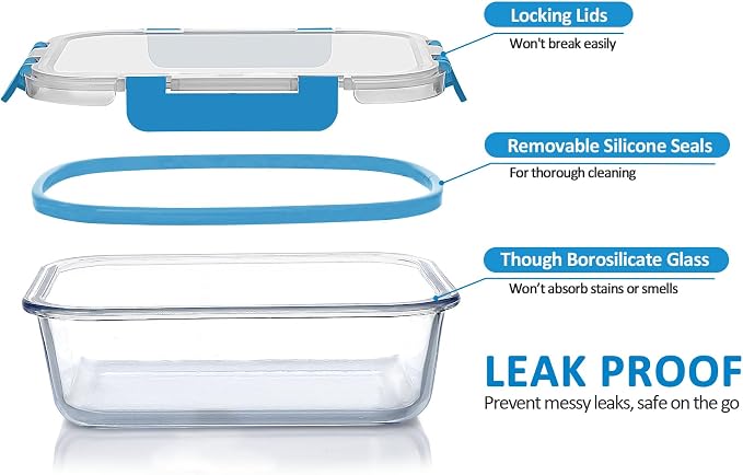 M MCIRCO 30 Pieces Glass Food Storage Containers with Upgraded Snap Locking Lids,Glass Meal Prep Containers Set - Airtight Lunch Containers, Microwave, Oven, Freezer and Dishwasher Friendly, Blue