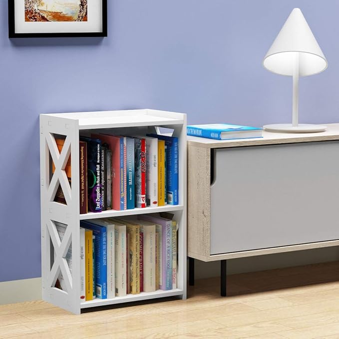 Side Table, 3 Tier 2 Shelf Small Bookshelf Bookcase for Small Spaces, Bedside End Table Nightstand, Kids Book Storage Shelves for Bedroom Living Room Office, White