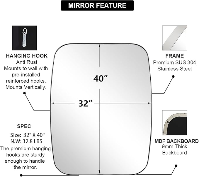 ANDY STAR Chrome Oblong Mirror, 32x40 Inch Polished Chrome Oval Mirror for Bathroom with Stainless Steel Metal Frame, Wall Mouned for Bathroom, Living Room, Entryway