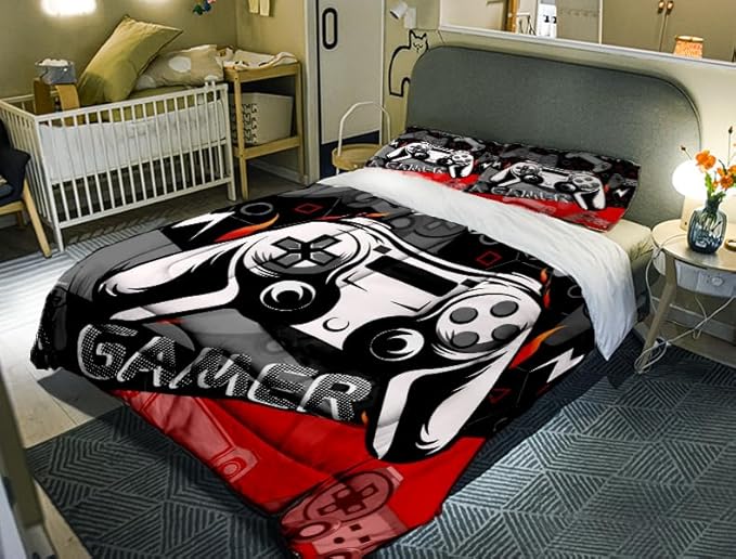 Sunnycitron Red Gamer Comforter Set for Boys Gaming Bedding Set Teens Game Room Decor Full (1 Comforter + 2 Pillowcase)