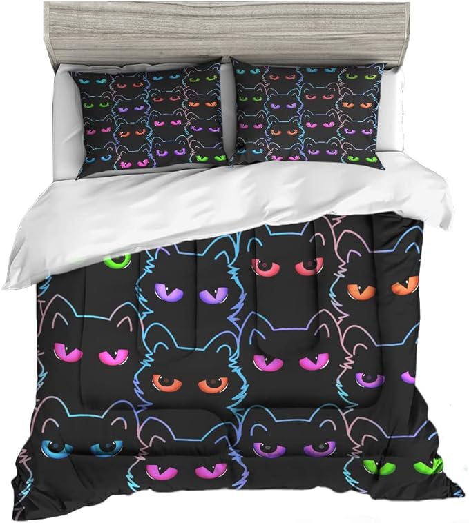Sunnycitron Cartoon Cat Bedding Queen Comforter set Black Cat Comforter set Gradient Line Cat Quilt 3D Neon Cat Bed set Black Cat Bedding set for Teens Kids Boys Girls Adults