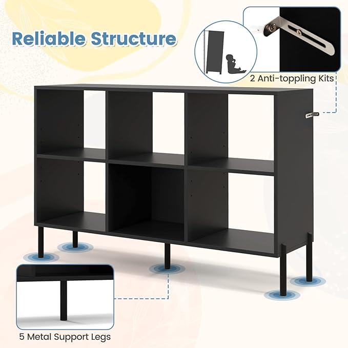 LOKO 6 Cube Bookcase, 3-Tier Floor Open Bookshelf with 5 Metal Legs, Cube Storage Organizer with Adjustable Shelves, Modern Display Shelving for Living Room, Study, Bedroom, Office (black)