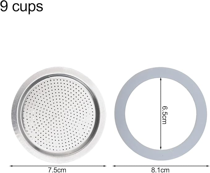 Moka Pot Replacement Parts Set with 2 Stainless Steel Filters and 4 Silicone Gasket Seals for 3 6 9 Cup Espresso Maker Coffee Accessories(9Cup)