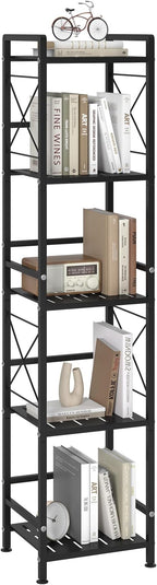 JSB 5 Tier Metal Bookshelf Bathroom Storage Standing Shelf Unit Kitchen Storage Organizer Display Rack Bookcases Shelves for Living Room, Bedroom, Office (Black, 5 Tier)