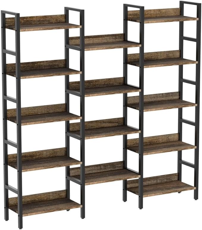 IRONCK Bookcases and Bookshelves Triple Wide 5 Tiers Industrial Bookshelf with Baffles Large Etagere Bookshelf with Metal Frame for Living Room Home Office