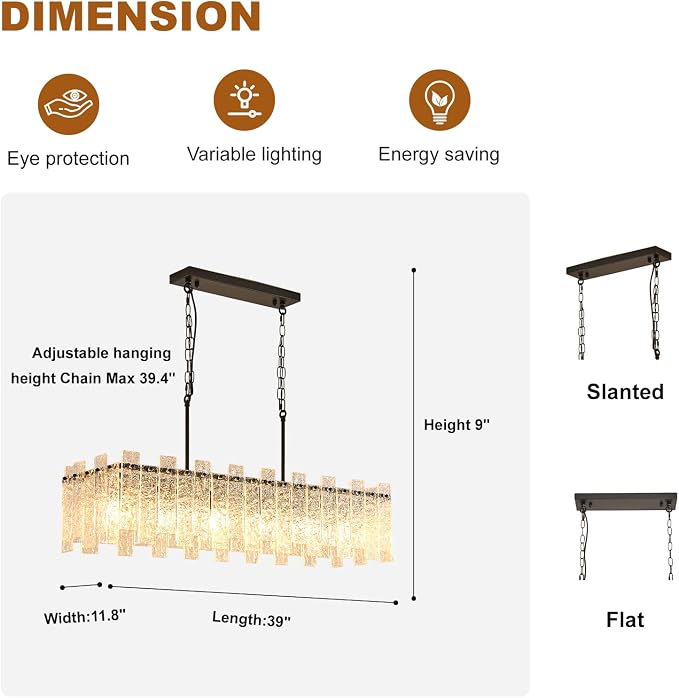 Modern Rectangle Black Crystal Chandeliers for Dining Room, L39" Large Rectangular Water Ripple Glass Island Light Fixture, 6-Lights Hanging Pendant Light for Kitchen Island, Living Room