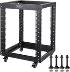 12U Server Rack Open Frame with Casters-RIVECO 4 Post Quick Assembly 19-inch, Data Rack Network Shelf Cabinet Heavy Duty Black