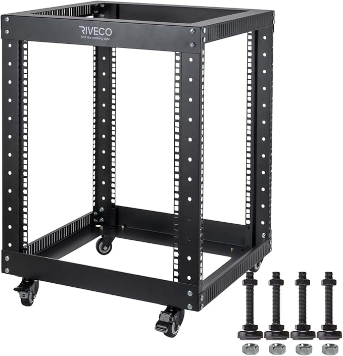12U Server Rack Open Frame with Casters-RIVECO 4 Post Quick Assembly 19-inch, Data Rack Network Shelf Cabinet Heavy Duty Black
