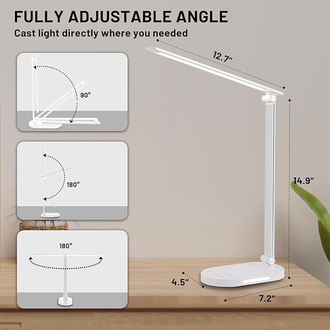 LED Desk Lamp for Home Office, Dimmable Table Lamp with USB Charging Port, 5 Lighting Modes, Sensitive Control, 60 Minutes Auto-Off Timer, Eye-Caring Office Lamp(White)