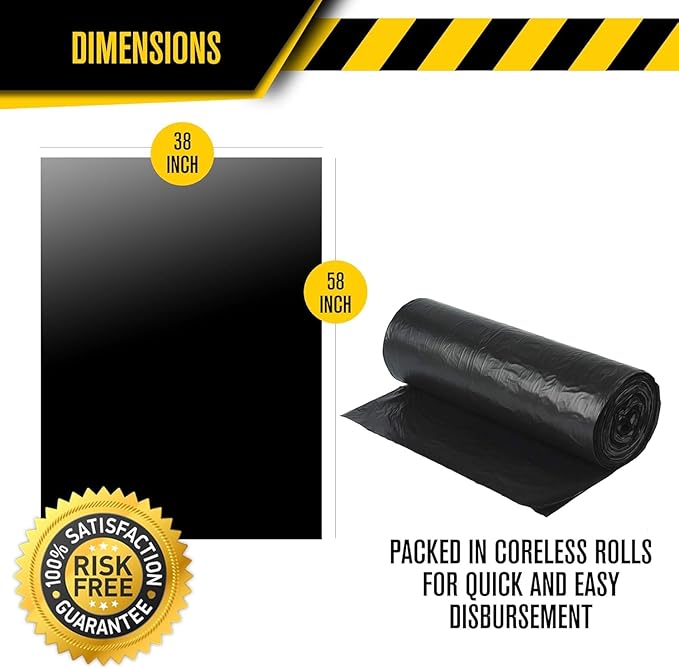 Aluf Plastics Heavy Duty 55 Gallon Trash Bags - (Large 50 Pack/w Ties) - 2 MIL Industrial Strength Plastic Drum Liners 38' x 58' Professional Black Garbage Bags for Construction, Contractors