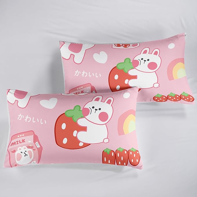 Strawberry Rabbit Comforter Set for Kids Teens Girls Women,Pink Bunny Kids Comforter,1 Comforter with 2 Pillowcase, Microfiber 3 Piece Bedding Set,for All Seasons(Pink，Full Size)