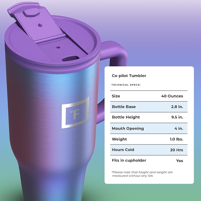 IRON °FLASK 40 oz Co-Pilot Insulated Travel Mug | Insulated Travel Mug with Straw & Flip Cap Lids - Cup Holder Fit, Leakproof, BPA Free (Aurora)