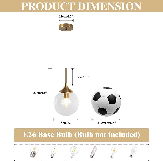 KCO Lighting Brass Gold Small 7.1” Clear Bubble Glass Globe Pendant Light | E26 Base, Sloped Ceiling, Mid Century Modern Adjustable Hanging Ceiling Lamp for Kitchen Island Sink Dining Table Bedroom Bar