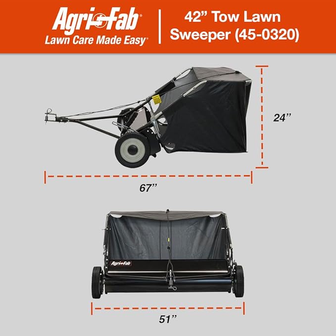 Agri-Fab 45-0320 42" Tow-Behind Lawn Sweeper, 12 cu. ft Hopper Bag Capacity; Leaf & Grass Catcher, with Adjustable Brush Height and Easy to Use Dumping Rope