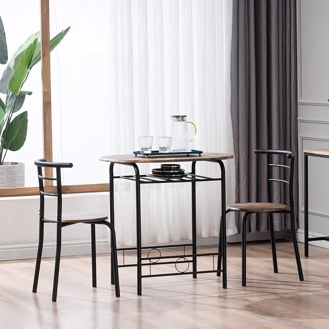 VINGLI 3 Piece Dining Set, Small Kitchen Table Set for 2, Breakfast Table Set, Kitchen Wooden Table with 2 Chairs for Small Space/Dining Room/Apartment, Metal Frame, Wine Rack, Burnt Brown