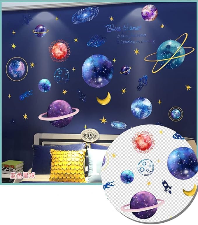 Quanhaigou Blue Purple Galaxy Wall Decals, Removable Sticker,The Art Magic 3D Milky Way Cosmic Stars Spacecraft Dreamscape Home Decor for Bedroom Living Room Floor Ceiling Kids Room