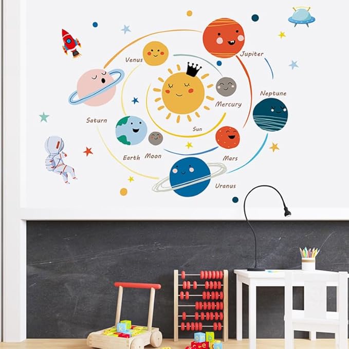 Quanhaigou 3D Solar Space Wall Decals Stickers Wall Murals Wallpaper Decor for Home Floor Living Room (Solar System)