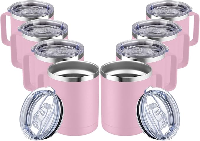MEWAY 12oz Coffee Mug With Handle and Sliding Lid,Stainless Steel Travel Tumbler Cup with Handle,Double Wall Vacuum Insulated Camping Cup for Hot & Cold Drinks Tea (Pink,Set of 8)