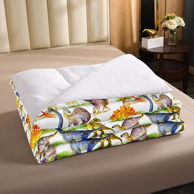 Erosebridal Dinosaur Comforter Set Kawaii Dino Bedding Set for Kids Girls Boys Teens Bedroom Decor, Retro Animal Duvet Insert Watercolor Wildlife Soft Microfiber Quilt with 1 Pillow Case, Twin