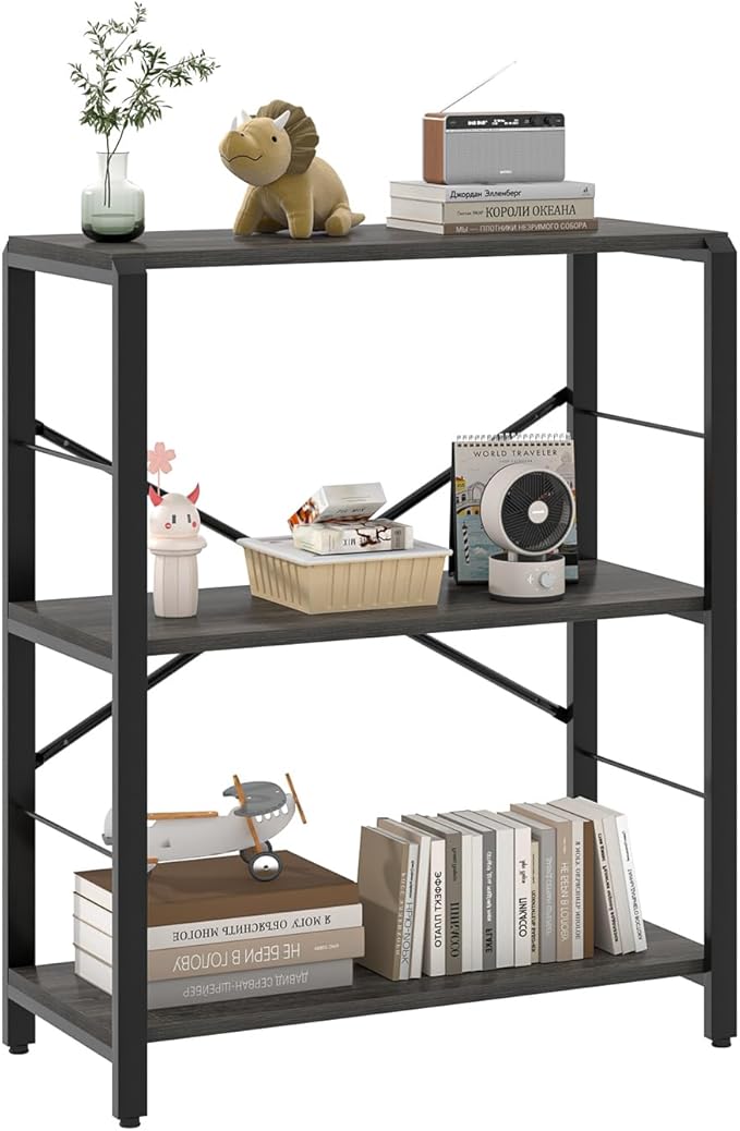 FOLUBAN Industrial Small Bookshelf, 3 Tier Low Short Book Shelf, Metal and Wood BookCase for Small Spaces, Bedroom Living Room, Dark Gray