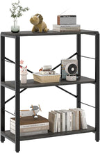 FOLUBAN Industrial Small Bookshelf, 3 Tier Low Short Book Shelf, Metal and Wood BookCase for Small Spaces, Bedroom Living Room, Dark Gray