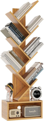 YMYNY 6 Tier Tree Bookshelf, Tall Bookcase, Wood Book Storage Rack with Drawer, Modern Floor Standing Book Shelf for Books/Movies/CDs, Utility Organizer for Living Room, Home Office, Natural UHBC016N