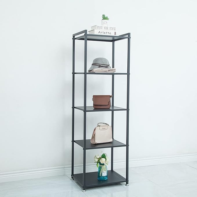 Display Shelf, 5-Tier Shelf Stand, Black Metal Thin Narrow Tall Large Corner Shelf Bookshelf Freestanding for Bedroom Shop Commercial Retail Storage(19.7x15.7x63)…