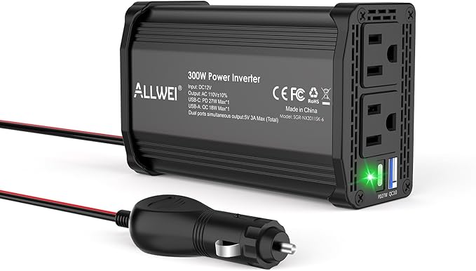 ALLWEI 300W Power Inverter 12V DC to 110V AC Car Plug Adapter Outlet Converter with 27W PD USB-C &18W USB-A Fast Charger, Car Cigarette Lighter Adapter for Laptop Tablets Phones - Portable - Black