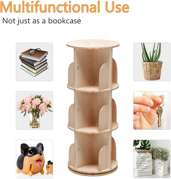 3 Tier 360 Display Rotating Bookshelf, Revolving Bookcase for Kids&Adults, Rotating Bookshelf Tower for Preschoolers' Classrooms, Nursery, Bedrooms, Living Room