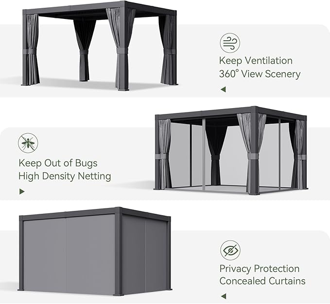 Aoxun Louvered Pergola 10' x 12' Outdoor Aluminum Pergola with Adjustable Top for Decks, Gardens and Backyards, Gray